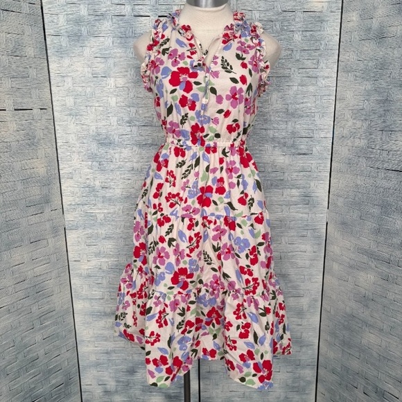 MAGGY LONDON Midi Floral Dress Ruffle Side Pocket Stretchable Waist Multicolor - Picture 5 of 8